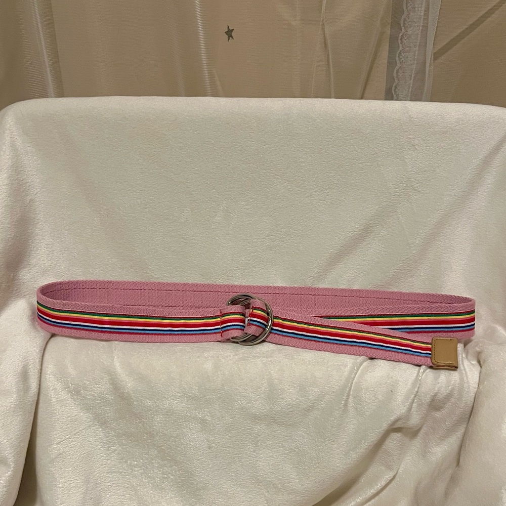 Tommy Hilfiger vintage canvas D-ring belt. Pink and rainbow. 41” in length. EUC